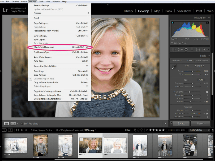 Match exposure in lightroom